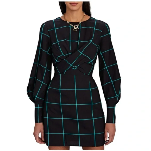 NEW Staud Black Windowpane Long Sleeve Cut Out Mini Crosshill Dress Size Large - Picture 6 of 8